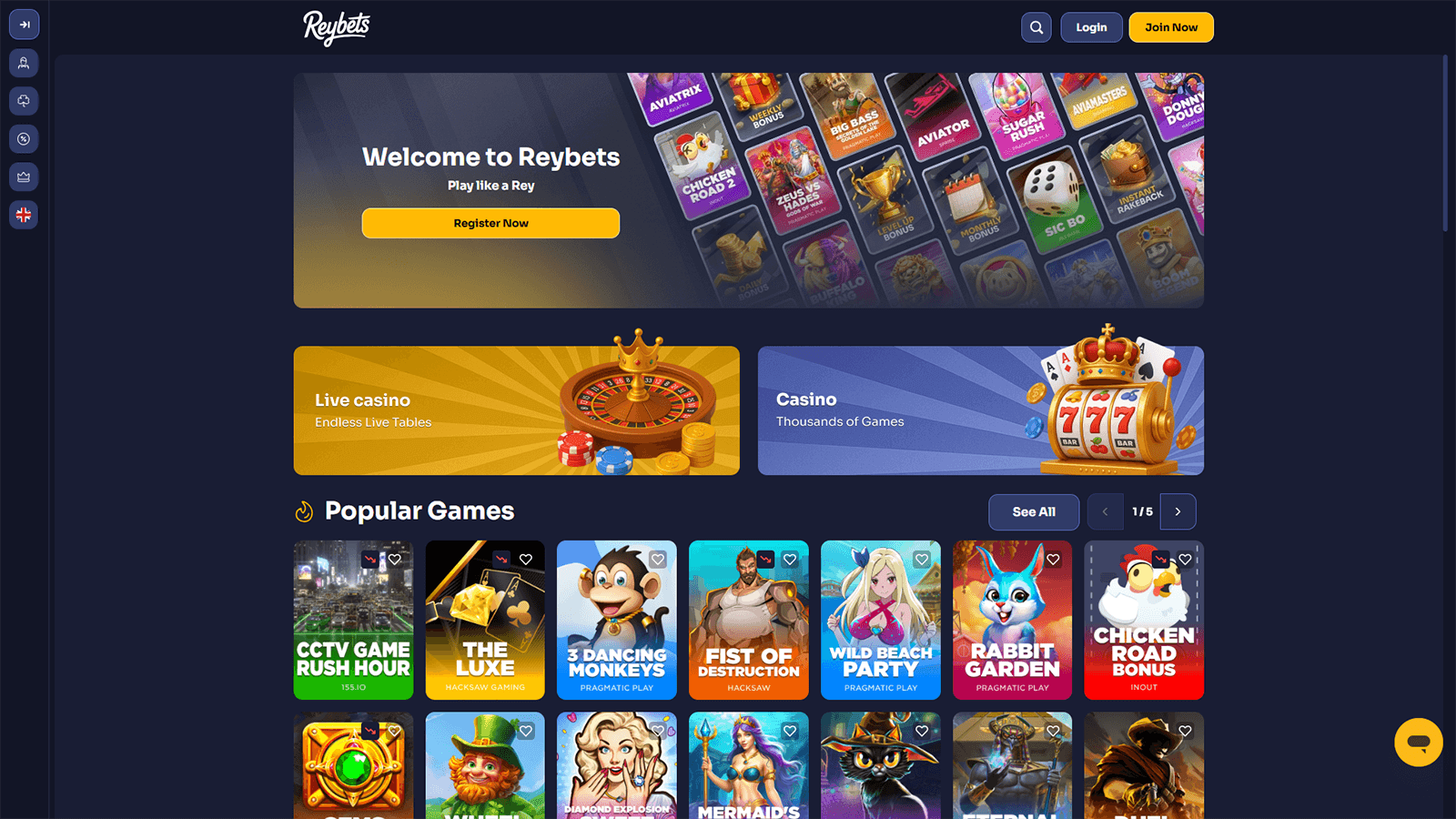 Reybets Casino Homepage in India